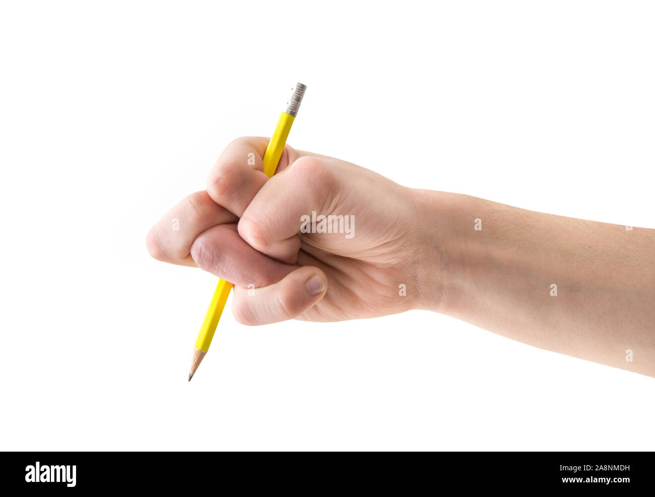 distorted hand with pencil on white background Stock Photo