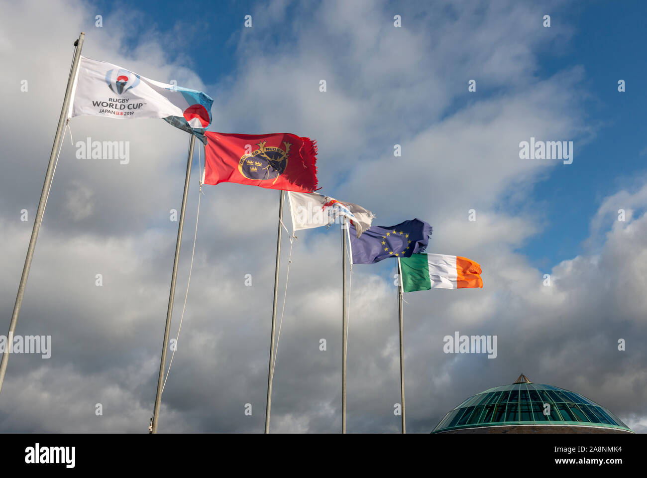 Aqua Dome leisure centre and flags waving in Tralee, County Kerry, Ireland Stock Photo Alamy