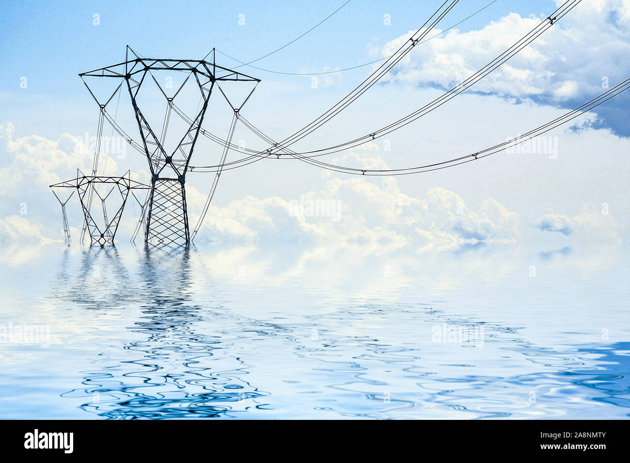 an highvoltage pylon in the middle of the water Stock Photo Alamy