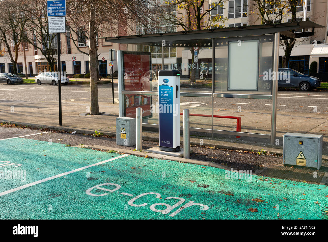 Tralee Ireland ESB electric vehicle or e-car charging station point on car park as part of the Project Ireland 2040. Stock Photo