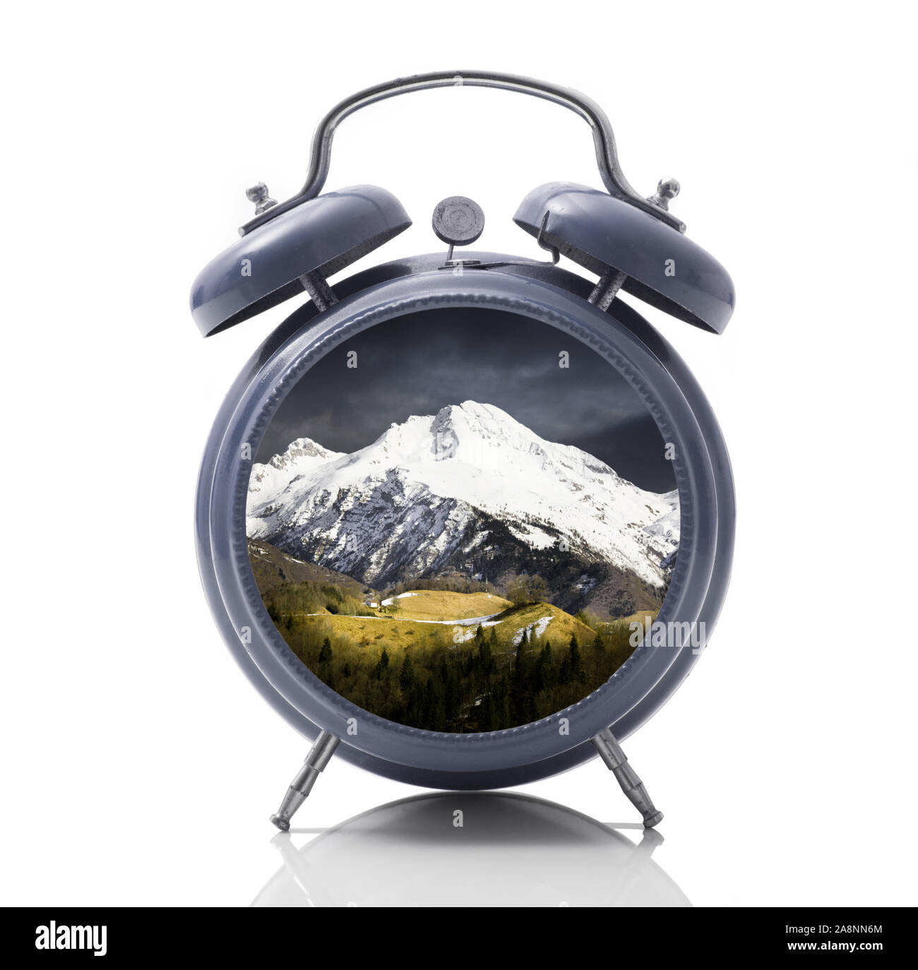 isolated alarm clock with mountain dial on white background Stock Photo ...