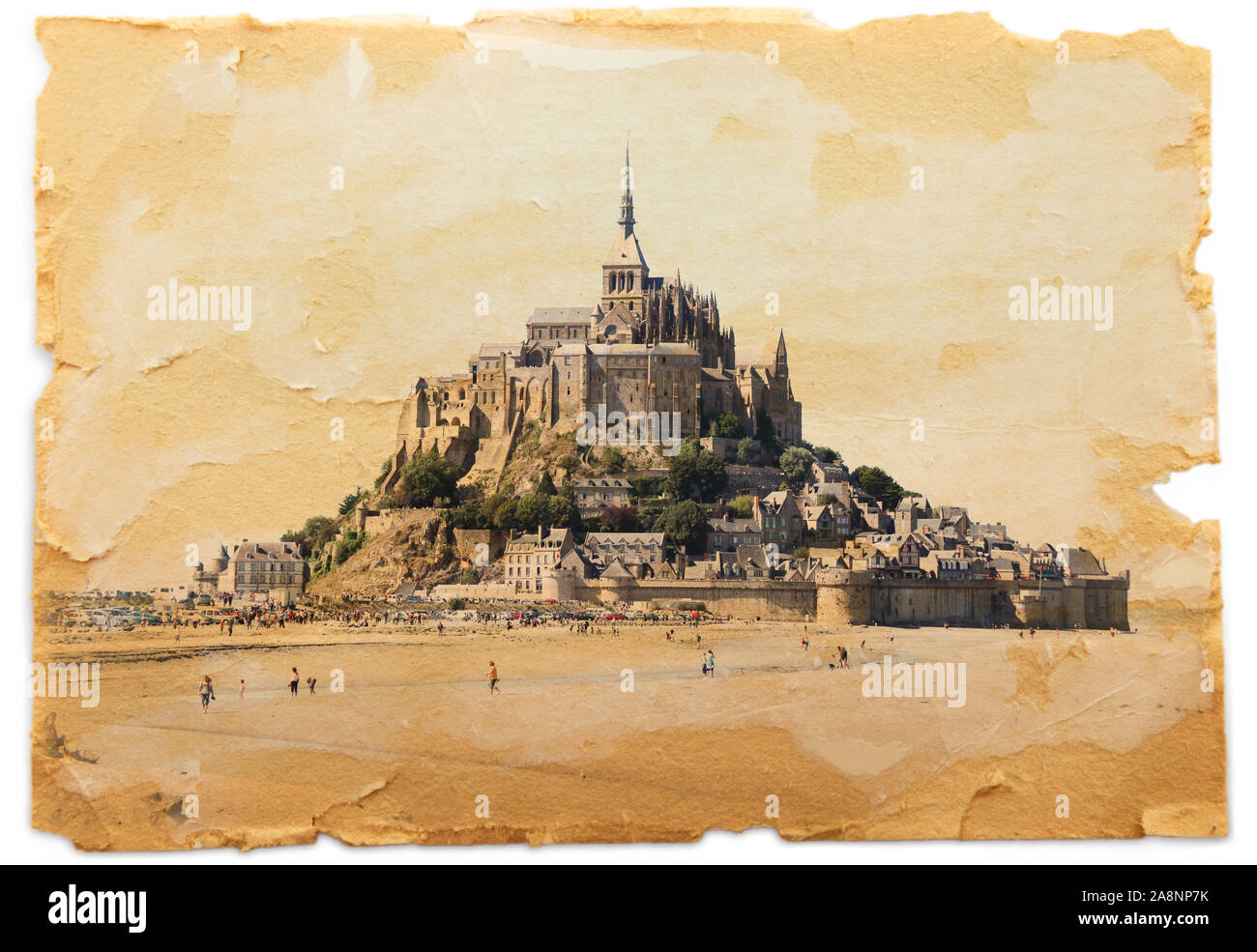 vintage view of Mont Saint Michel abbey Stock Photo