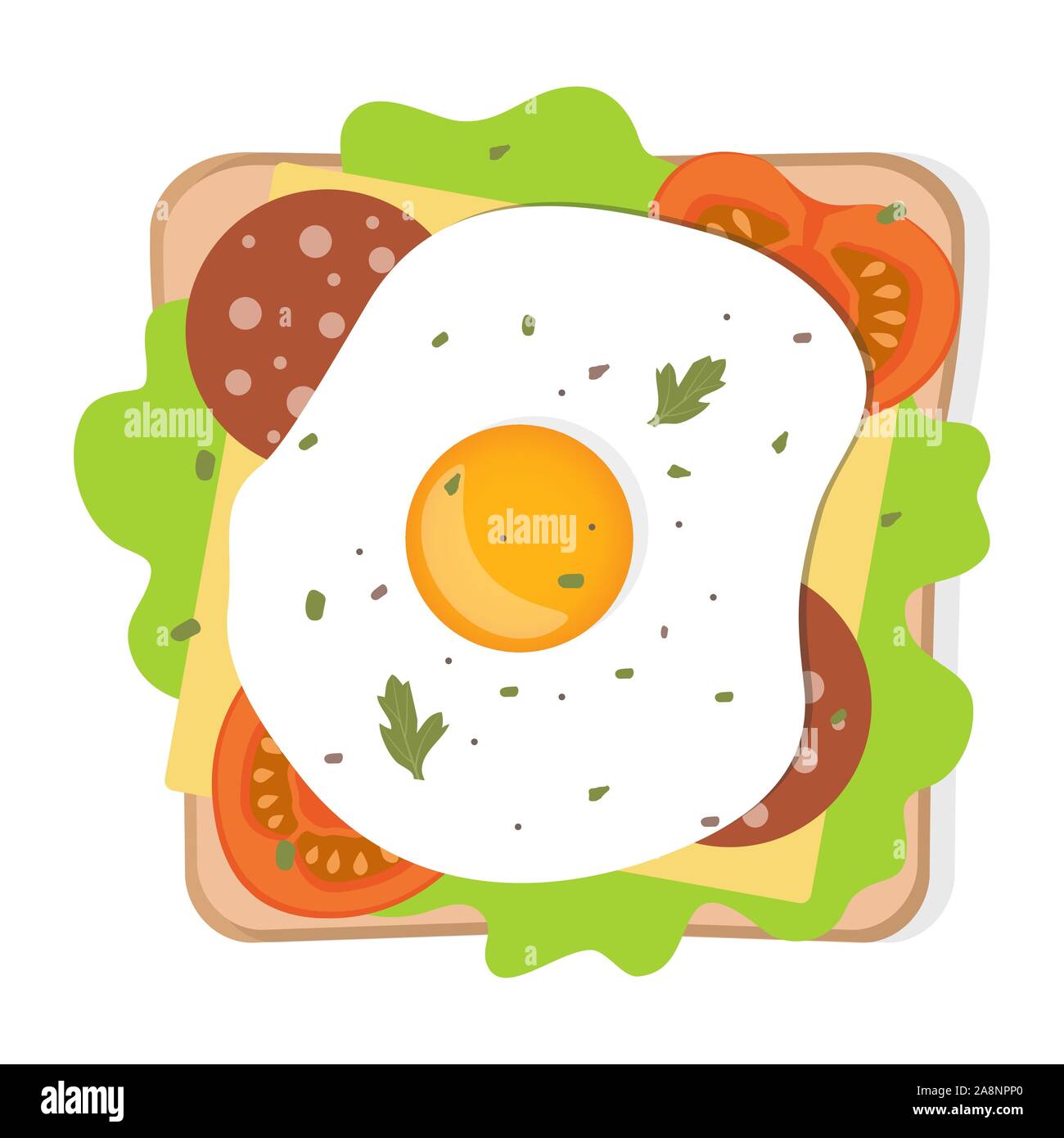 Toast with fried egg and vegetables. Sandwich with bread, egg, cheese, tomato, sausage, herbs and spices. Best for breakfast. Vector illustration Stock Vector