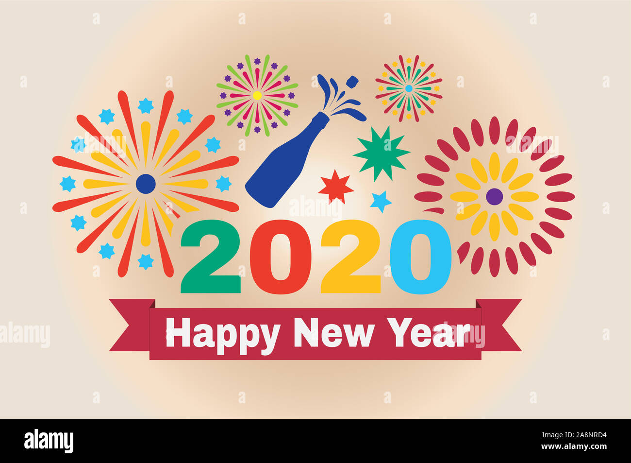 Picture for the New Year. Inscription Happy New Year 2020 and fireworks in vector illustration. Stock Photo