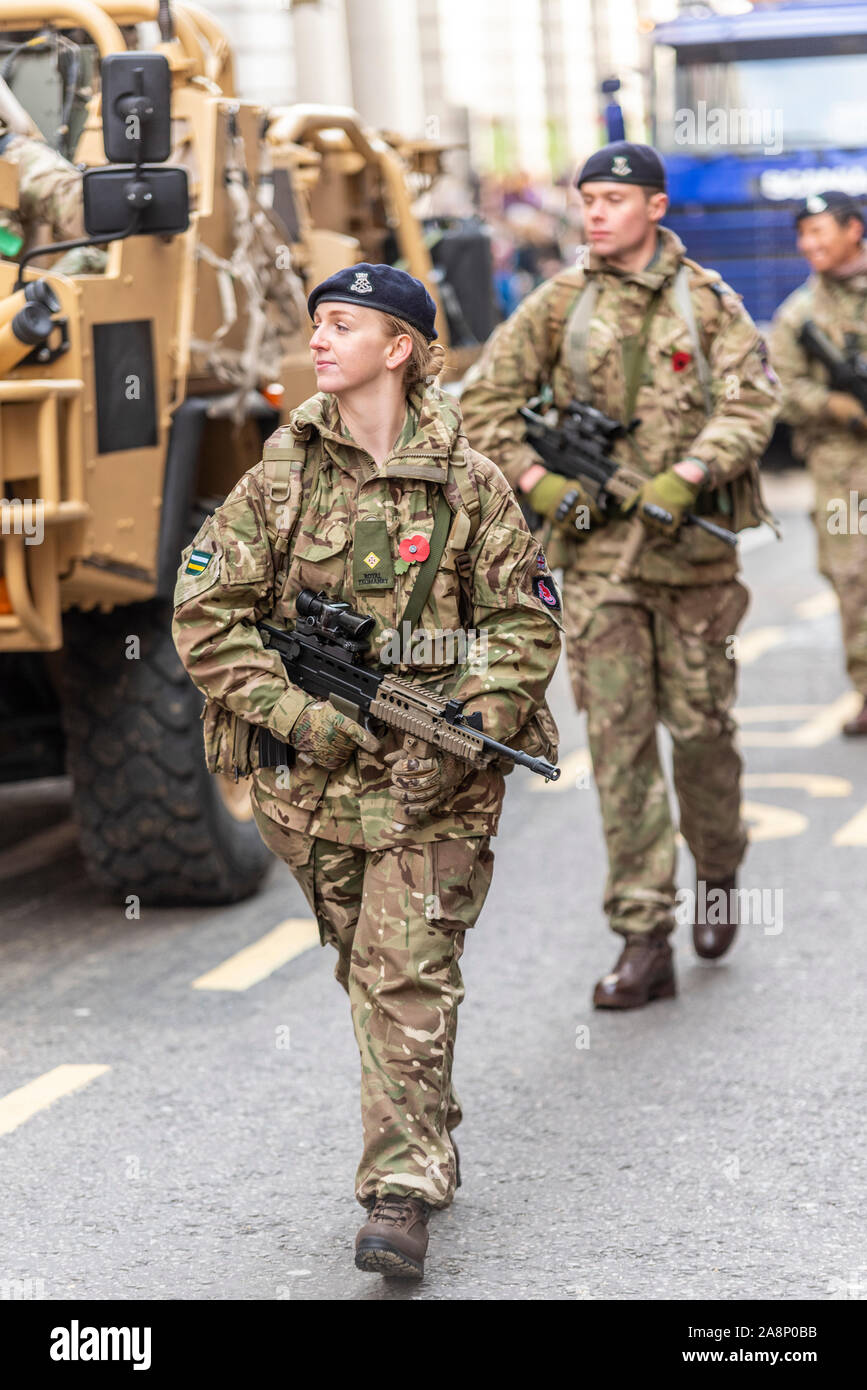 Royal Yeomanry female soldier at the Lord Mayor's Show Parade in City of London, UK. RY is senior reserve light cavalry regiment of the British Army Stock Photo