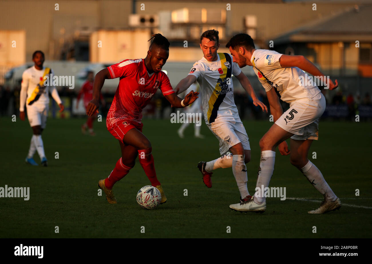 Hayes and Yeading Ogo Obi in action during the FA Cup First Round match at the SKYEx Community Stadium, London. Stock Photo