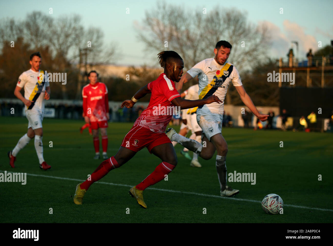 Hayes and Yeading Ogo Obi in action during the FA Cup First Round match at the SKYEx Community Stadium, London. Stock Photo