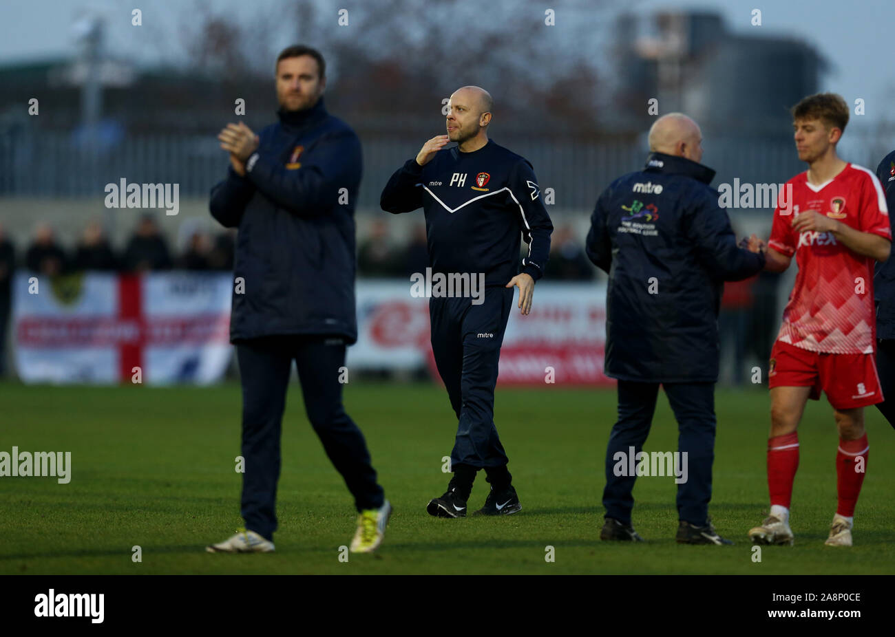 Hayes and Yeading manager Paul Hughes at full time of the FA Cup First Round match at the SKYEx Community Stadium, London. Stock Photo