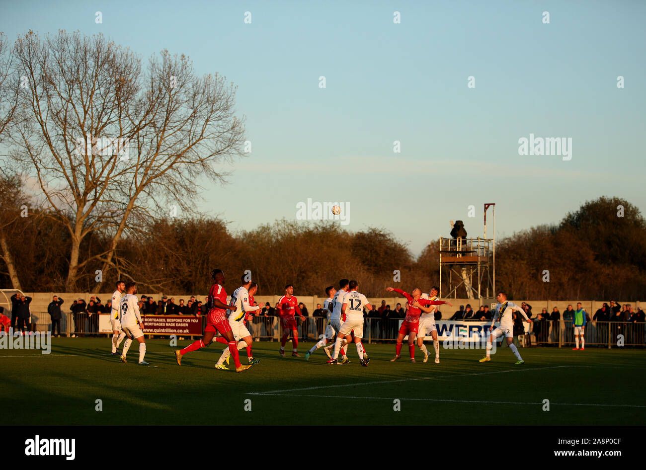 General view during the FA Cup First Round match at the SKYEx Community Stadium, London. Stock Photo