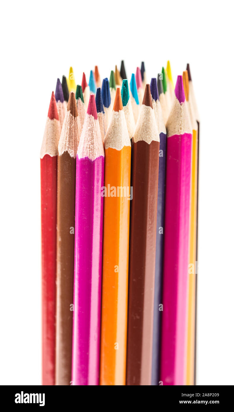 Bunch of color wooden pencils vertical. Isolated on white Stock Photo