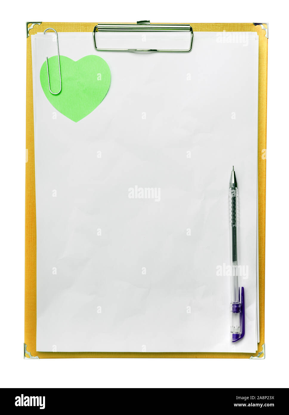 clipboard and pen isolated on white with clipping path. Sticker heart shape Stock Photo