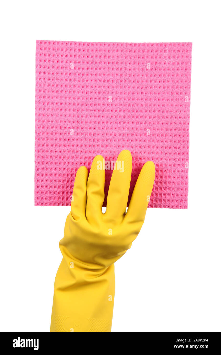 isolated hand with glove and sponge on white background Stock Photo - Alamy