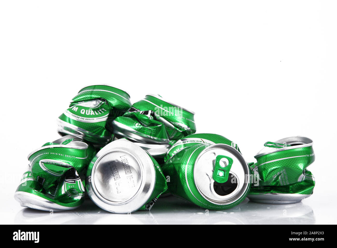 Crushed aluminum can on white background Stock Photo Alamy
