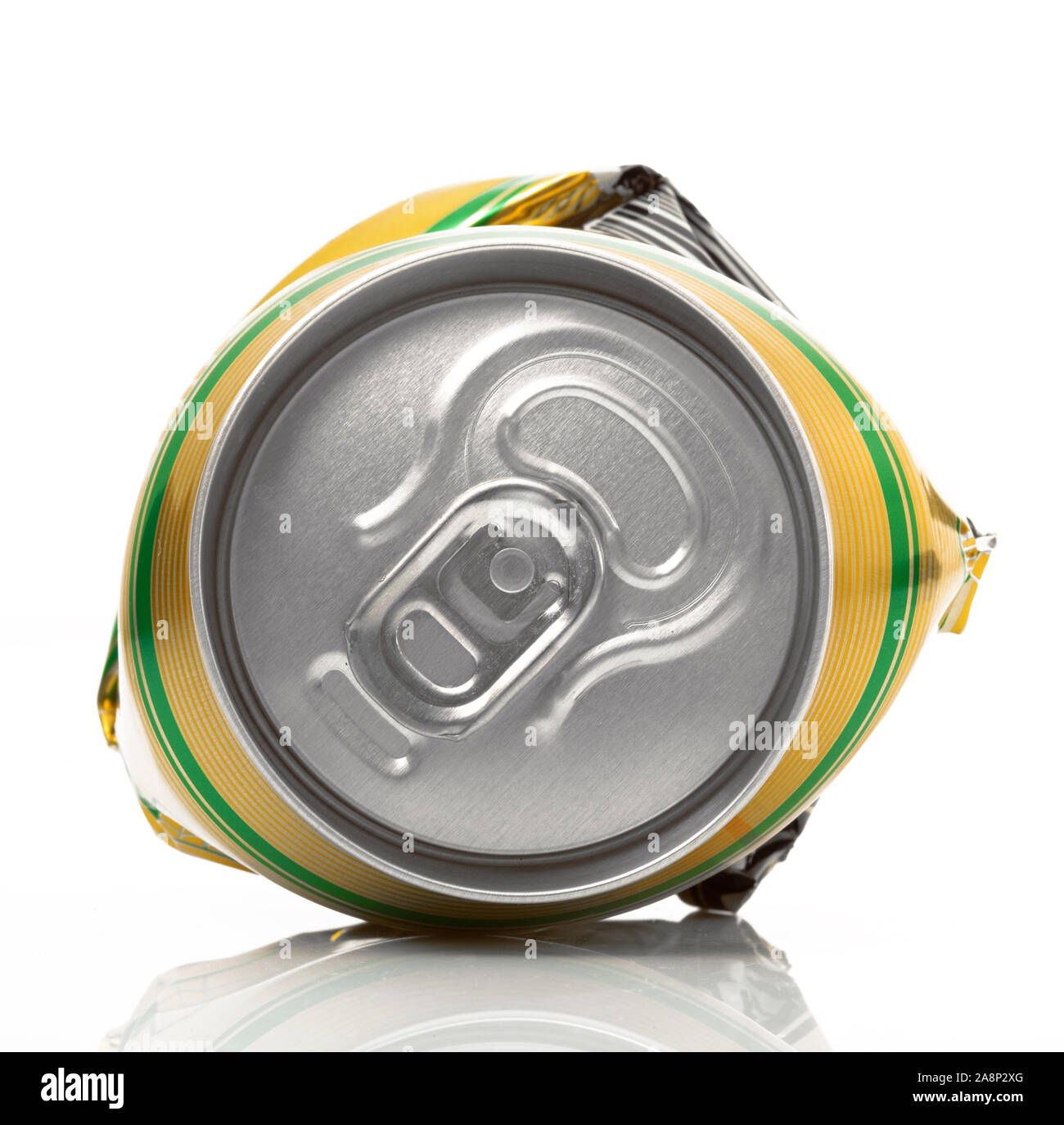 Crushed aluminum can on white background Stock Photo Alamy