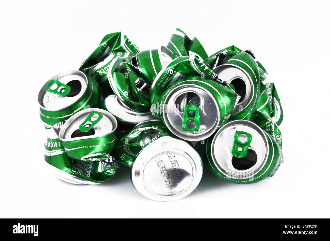 Crushed aluminum can on white background Stock Photo Alamy