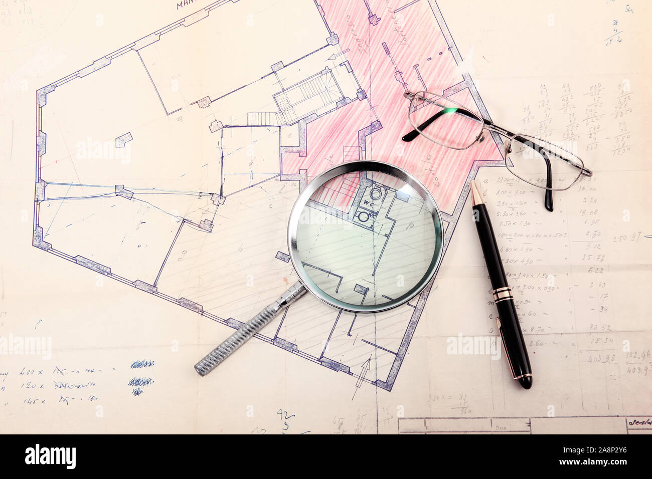 old Cadastral map with glasses and pen Stock Photo