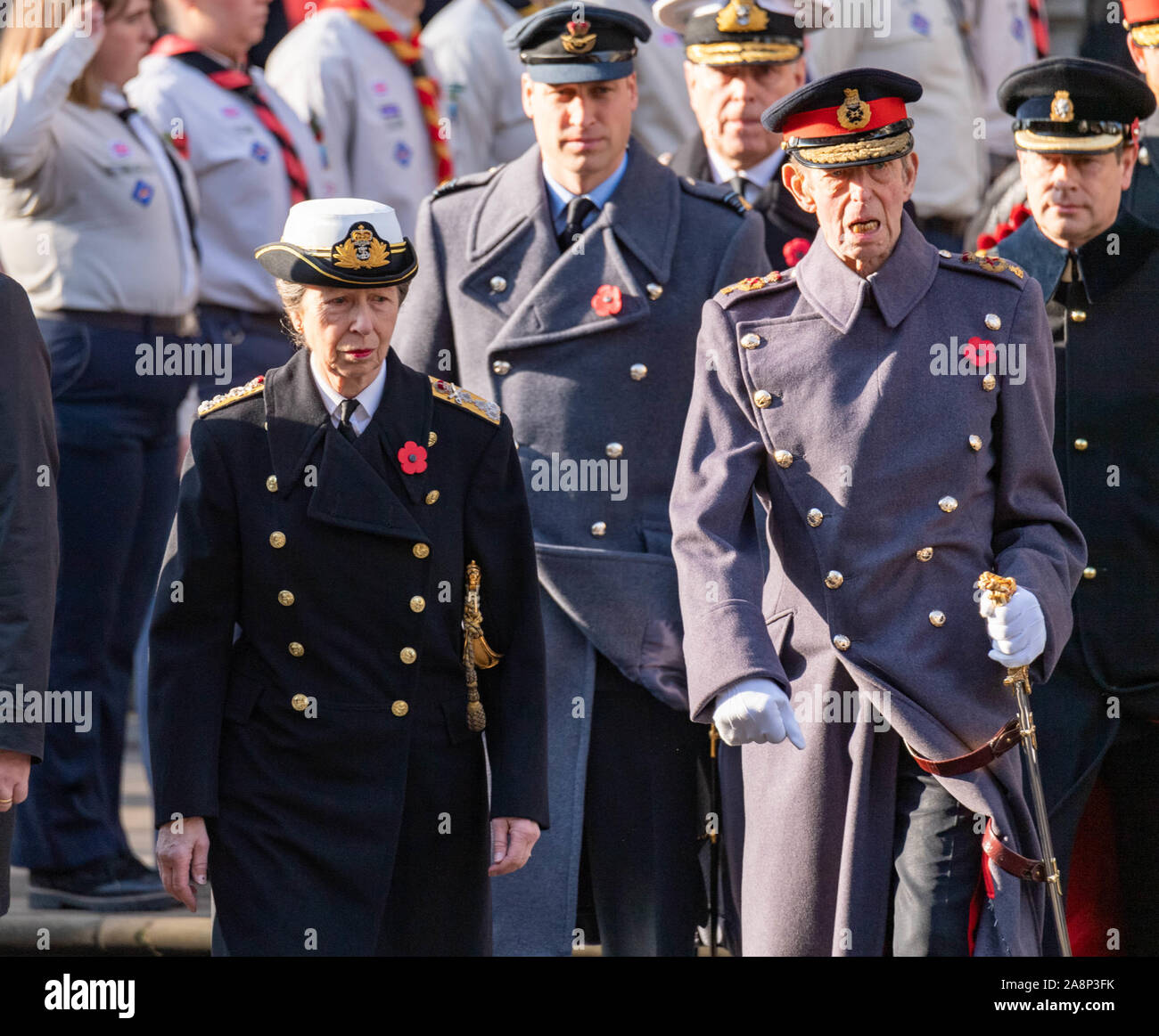 London UK 10th Nov. 2019 Remembrance Sunday at The Cenotaph, Whitehall, London  HRH The Princess Royal, (left) with Prince Edward, Duke of Kent (right) behind them is HRH Prince William  Credit Ian DavidsonAlamy Live News Stock Photo
