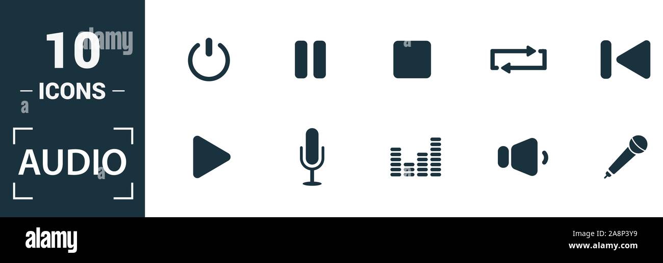 Audio Buttons icon set. Include creative elements play, pause, on off ...
