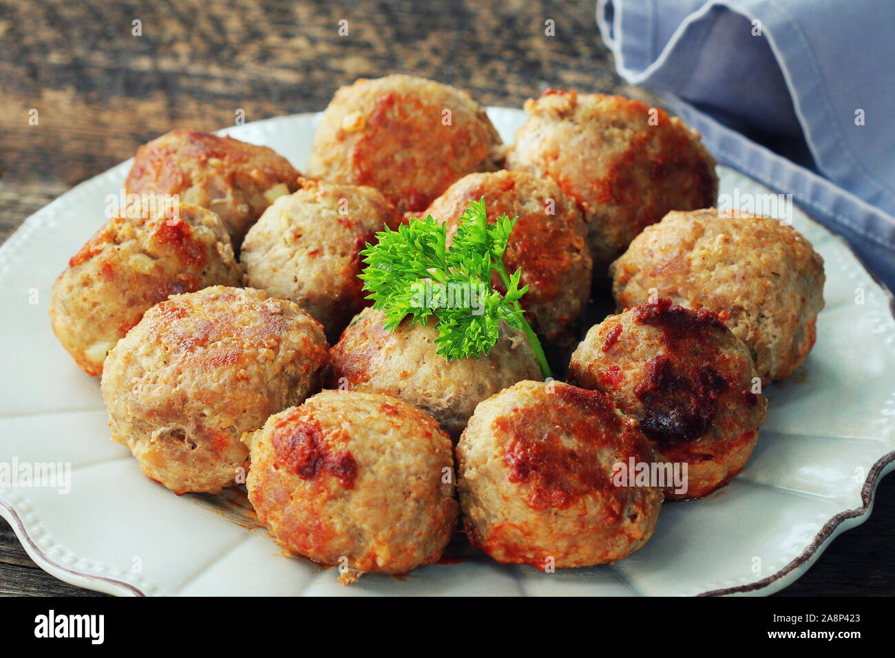 Fried meat ball, delicious meat cutlets on rustic dark table Stock Photo