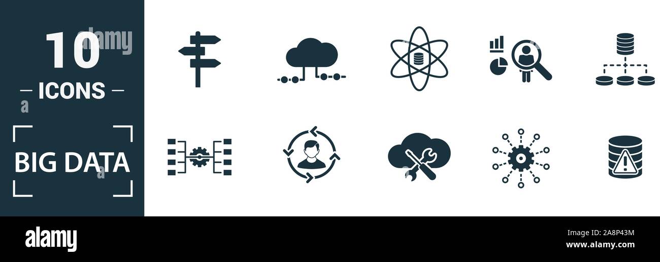 Big Data icon set. Include creative elements cloud hosting, cloud management, data science, pattern system, ambiguity icons. Can be used for report Stock Vector