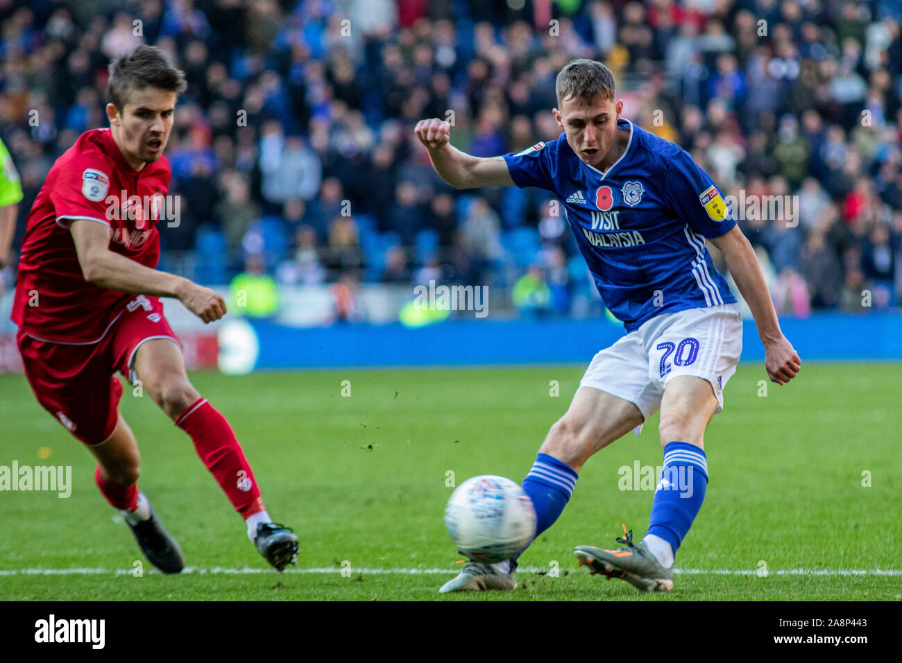 Cardiff, UK. 10th Nov, 2019. Gavin Whyte of Cardiff City in action against Bristol City. EFL Skybet championship match, Cardiff City v Bristol city at the Cardiff City Stadium on Sunday 10th November 2019. this image may only be used for Editorial purposes. Editorial use only, license required for commercial use. No use in betting, games or a single club/league/player publications. pic by Lewis Mitchell/Andrew Orchard sports photography/Alamy Live news Credit: Andrew Orchard sports photography/Alamy Live News Stock Photo