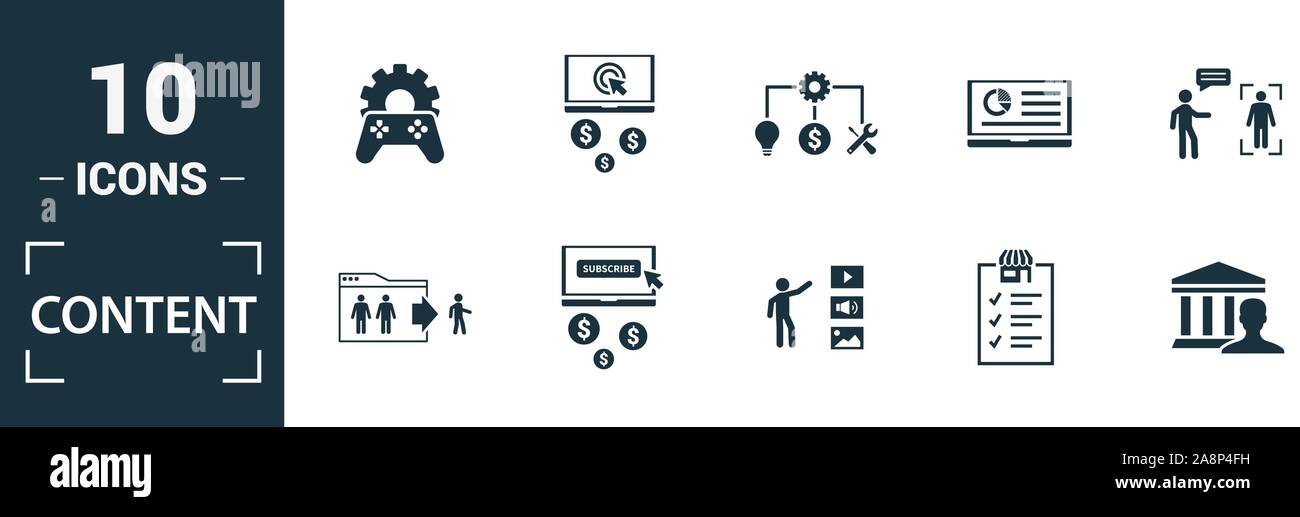 Content icon set. Include creative elements cost per click, crowdsourcing, curation, exit rate, gamification icons. Can be used for report Stock Vector