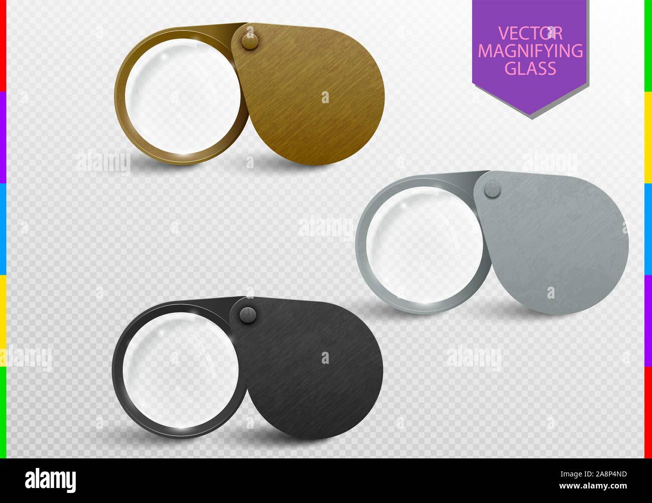Realistic metallic modern folding magnifier set. Vector magnifying glass lens. Brass, silver and iron tool Isolated On transparent Background. Optical Stock Vector