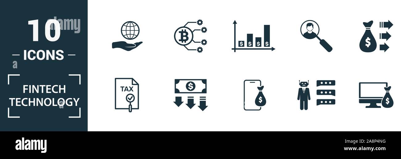 Fintech Technology icon set. Include creative elements basic income, bitcoin technology, online loan, kyc, business model icons. Can be used for Stock Vector