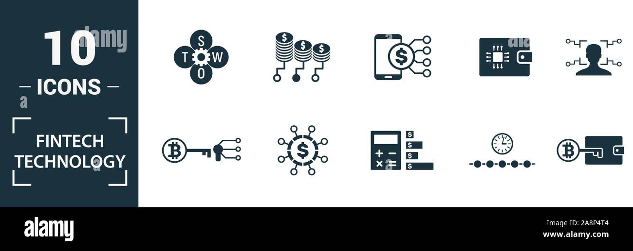 Fintech Technology icon set. Include creative elements basic income, bitcoin technology, online loan, kyc, business model icons. Can be used for Stock Vector