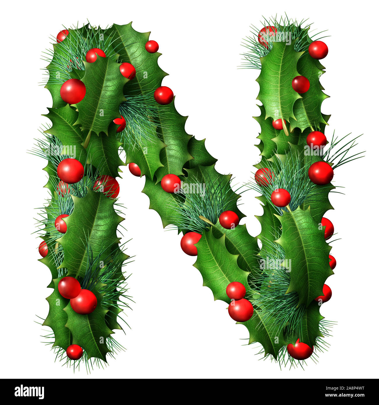 Holiday font letter N as a festive winter season decorated garland as a Christmas  or New Year seasonal alphabet lettering isolated on a white. Stock Photo