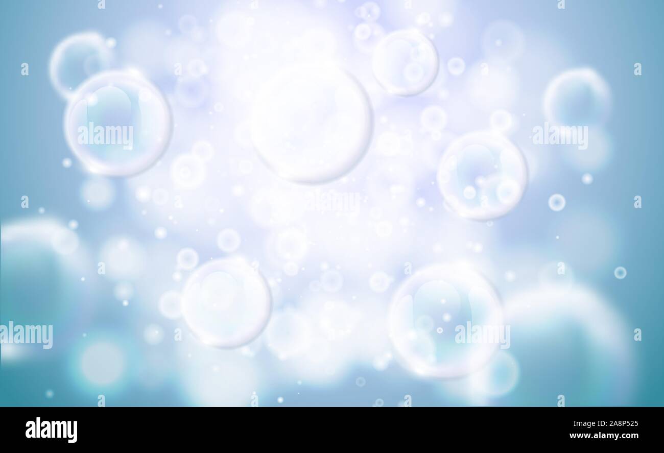Transparent soap bubbles blue background with defocused elements. Vector light flare and sparks clear background. Cleaning design. Stock Vector