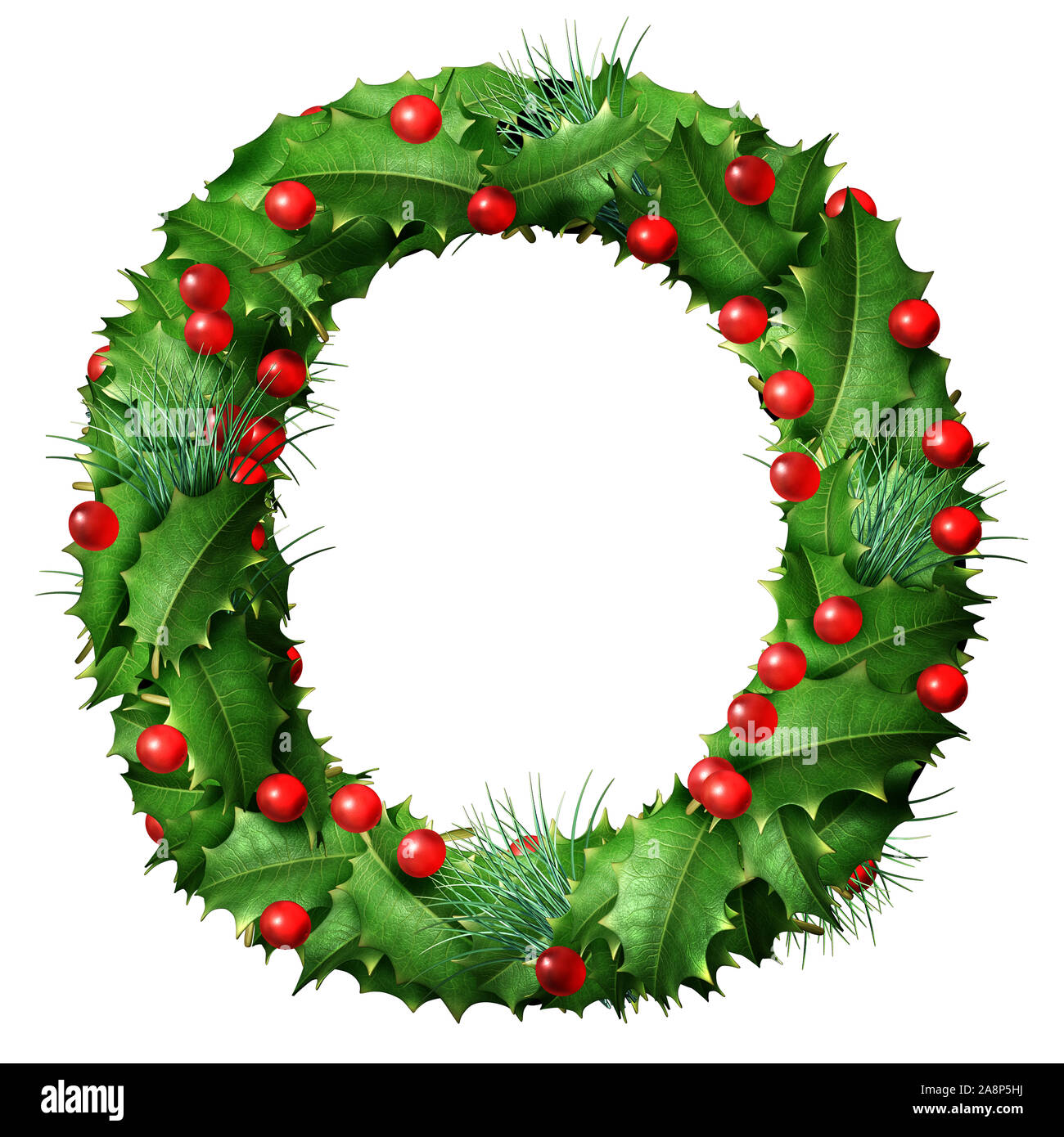 Holiday font letter O as a festive winter season decorated garland as a Christmas  or New Year seasonal alphabet lettering isolated on a white. Stock Photo