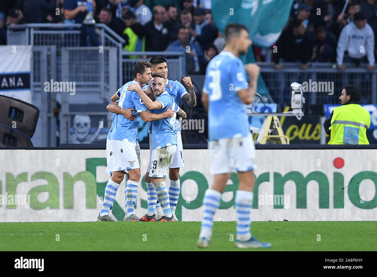 Rome, Italy. 10th Nov, 2019. Ciro Immobile of SS Lazio celebrates scoring third goal during the Serie A match between Lazio and Lecce at Stadio Olimpico, Rome, Italy on 10 November 2019. Photo by Giuseppe Maffia. Credit: UK Sports Pics Ltd/Alamy Live News Stock Photo