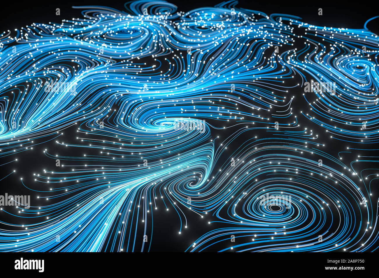 Vortical line pattern, glowing particles trails, 3d rendering. Computer ...