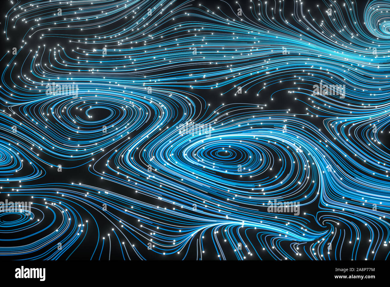 Vortical line pattern, glowing particles trails, 3d rendering. Computer ...