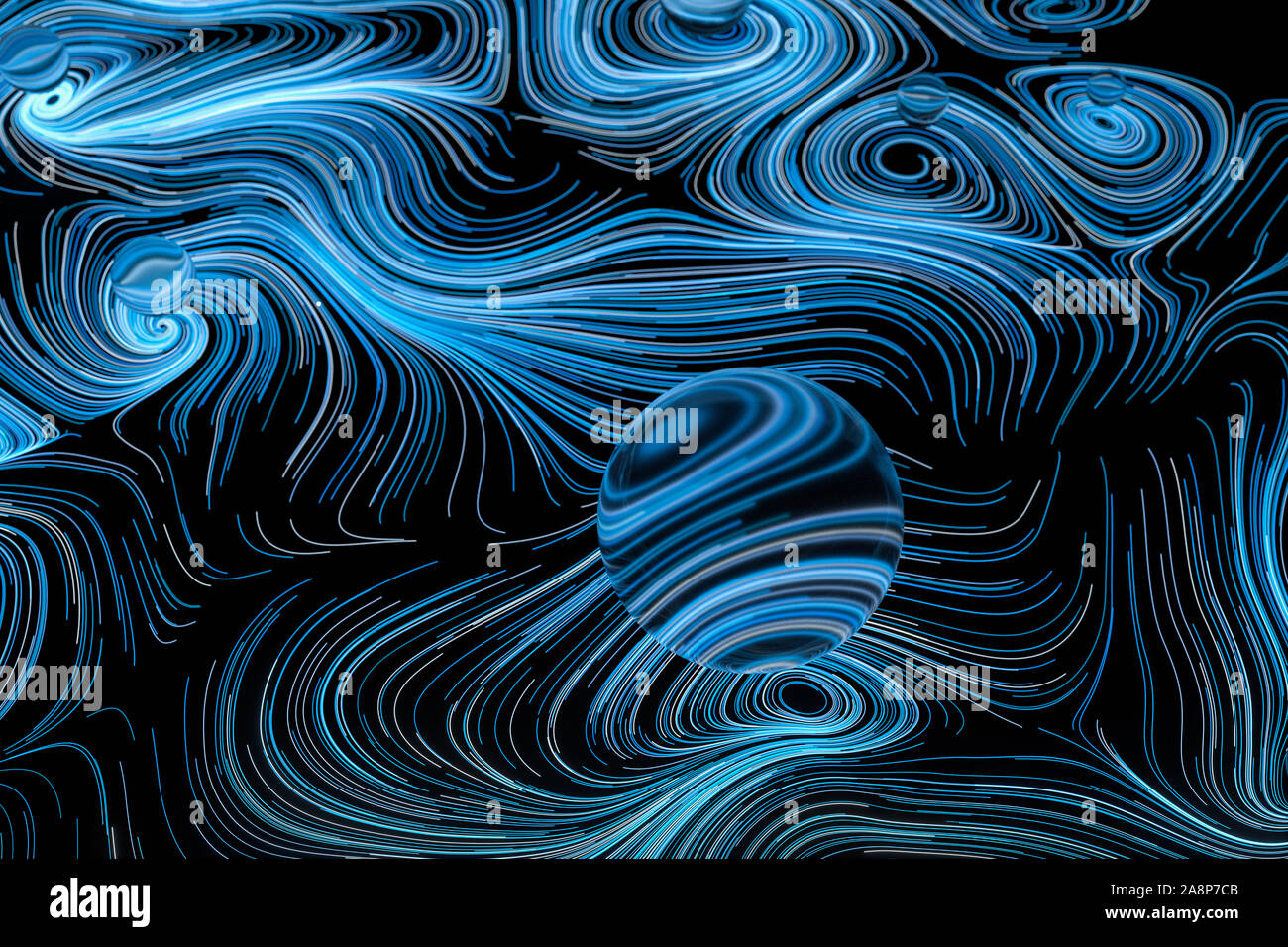 Vortical line pattern, glowing particles trails, 3d rendering. Computer ...