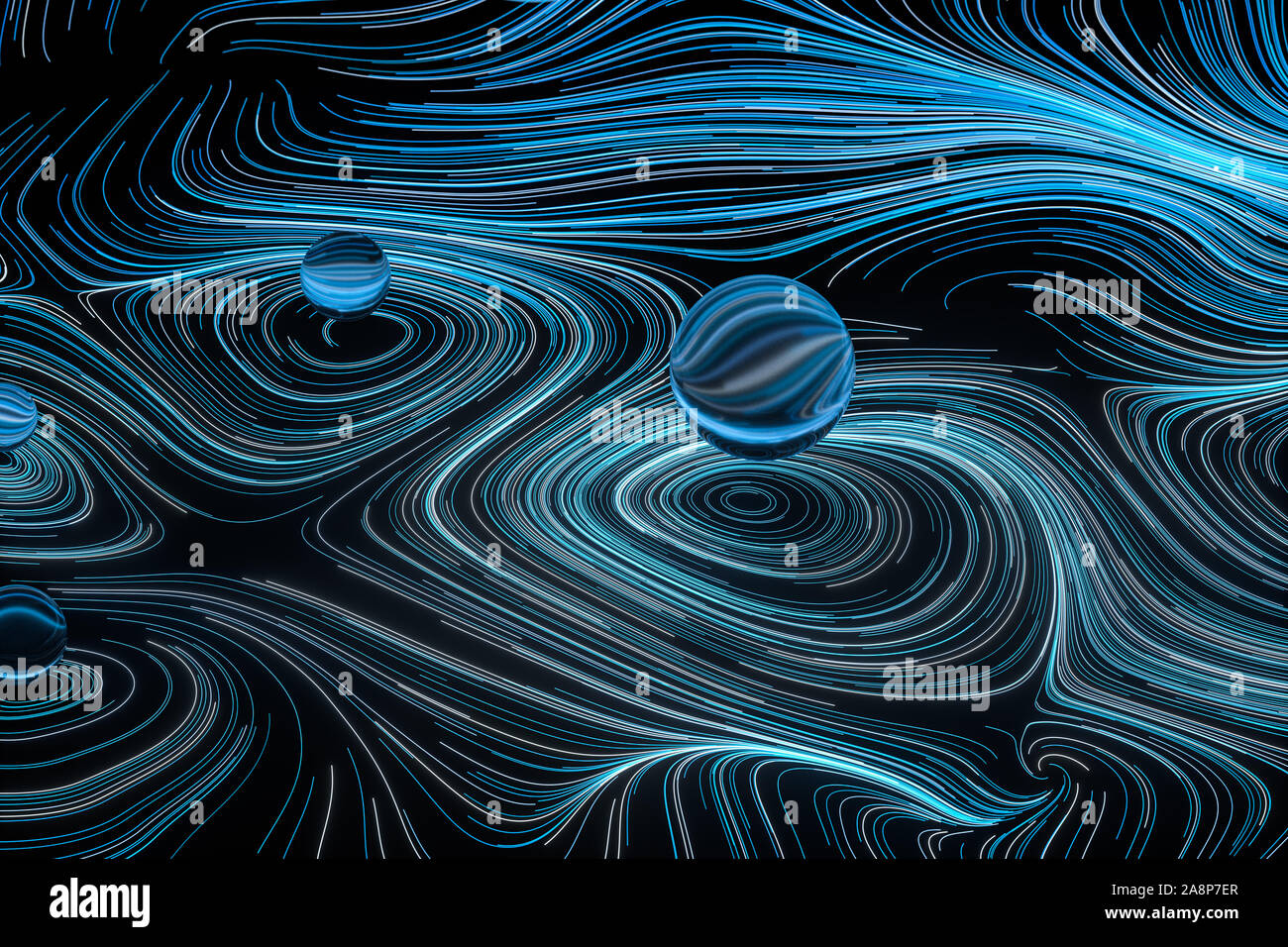 Vortical line pattern, glowing particles trails, 3d rendering. Computer ...