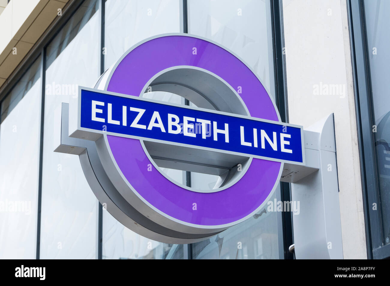 The new Elizabeth Line signage at Farringdon Station, City of London, England, UK Stock Photo