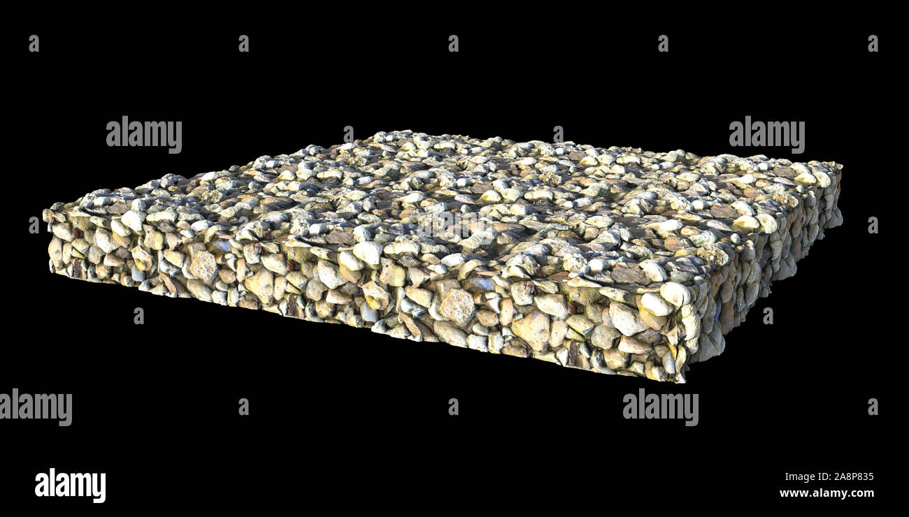layer of pebbles, cross section of an area with rocks isolated on black background Stock Photo