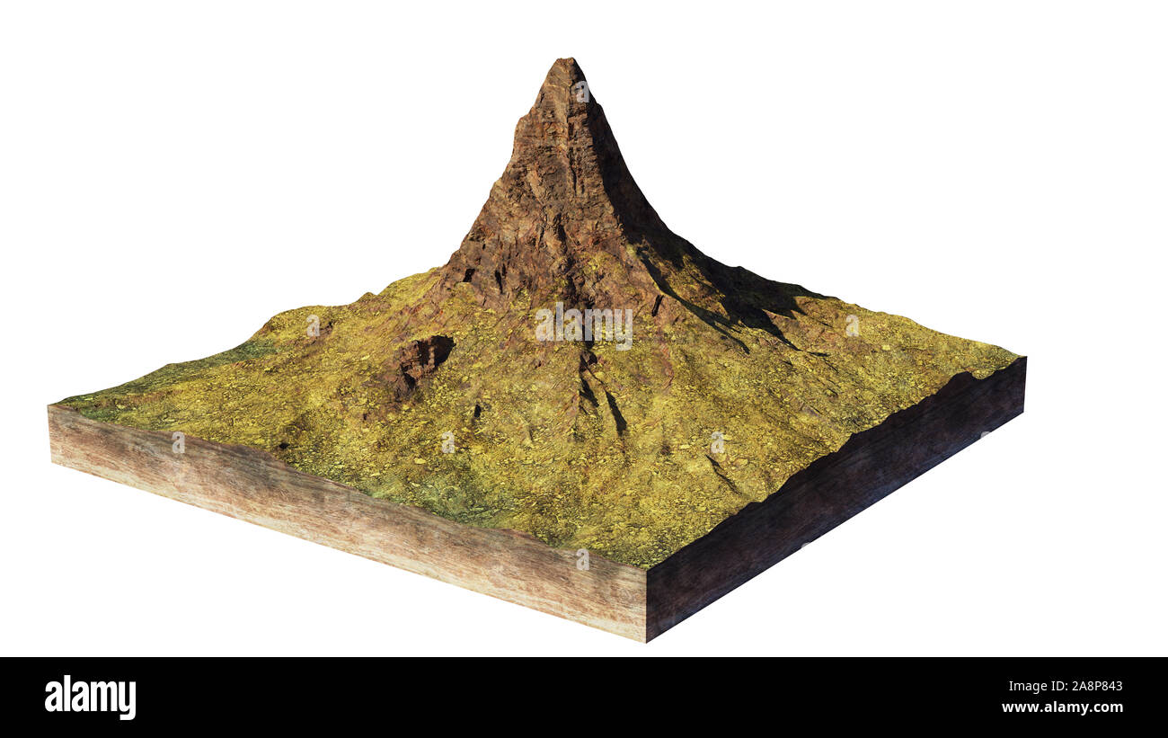 model of a cross section of ground with high mountain (3d rendering, isolated on white background) Stock Photo