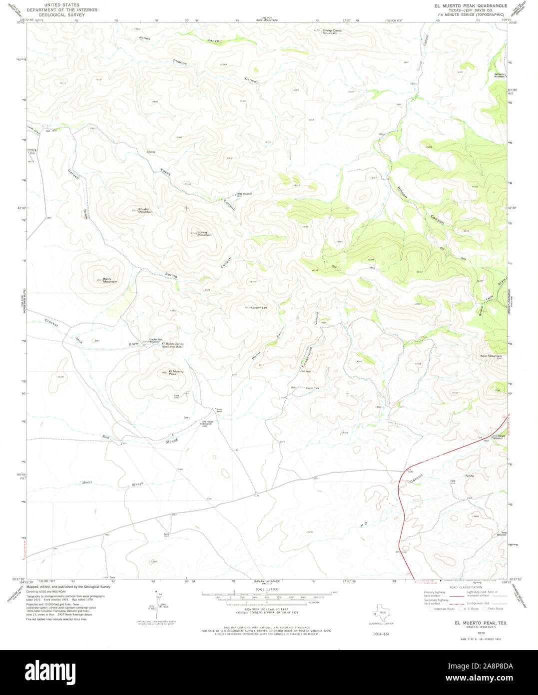 USGS TOPO Map Texas TX El Muerto Peak 362843 1978 24000 Restoration Stock Photo