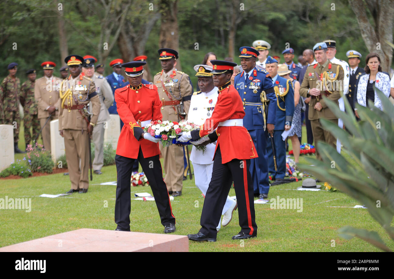 Kenya Defense Forces (KDF) lay wreaths during the commemoration ceremony of World War Veterans held at the Commonwealth War Graves Cemetery that was opened in 1941 by the military authorities. It contains 1,952 Commonwealth burials of the Second World War, 11 of which are unidentified. Nairobi was the headquarters of the East African Force. Stock Photo