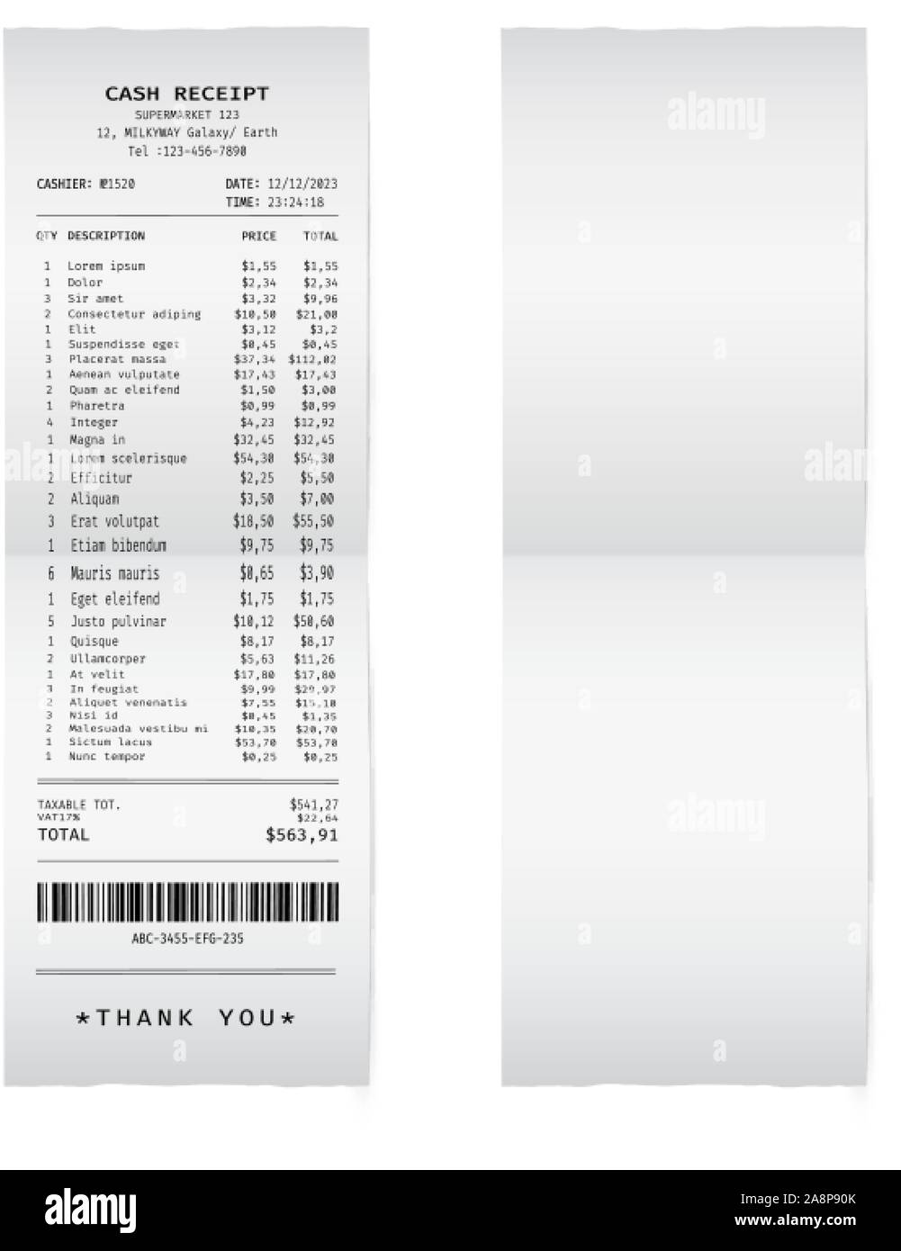 Template of a shop receipt Mockup of a check from mall Stock Vector