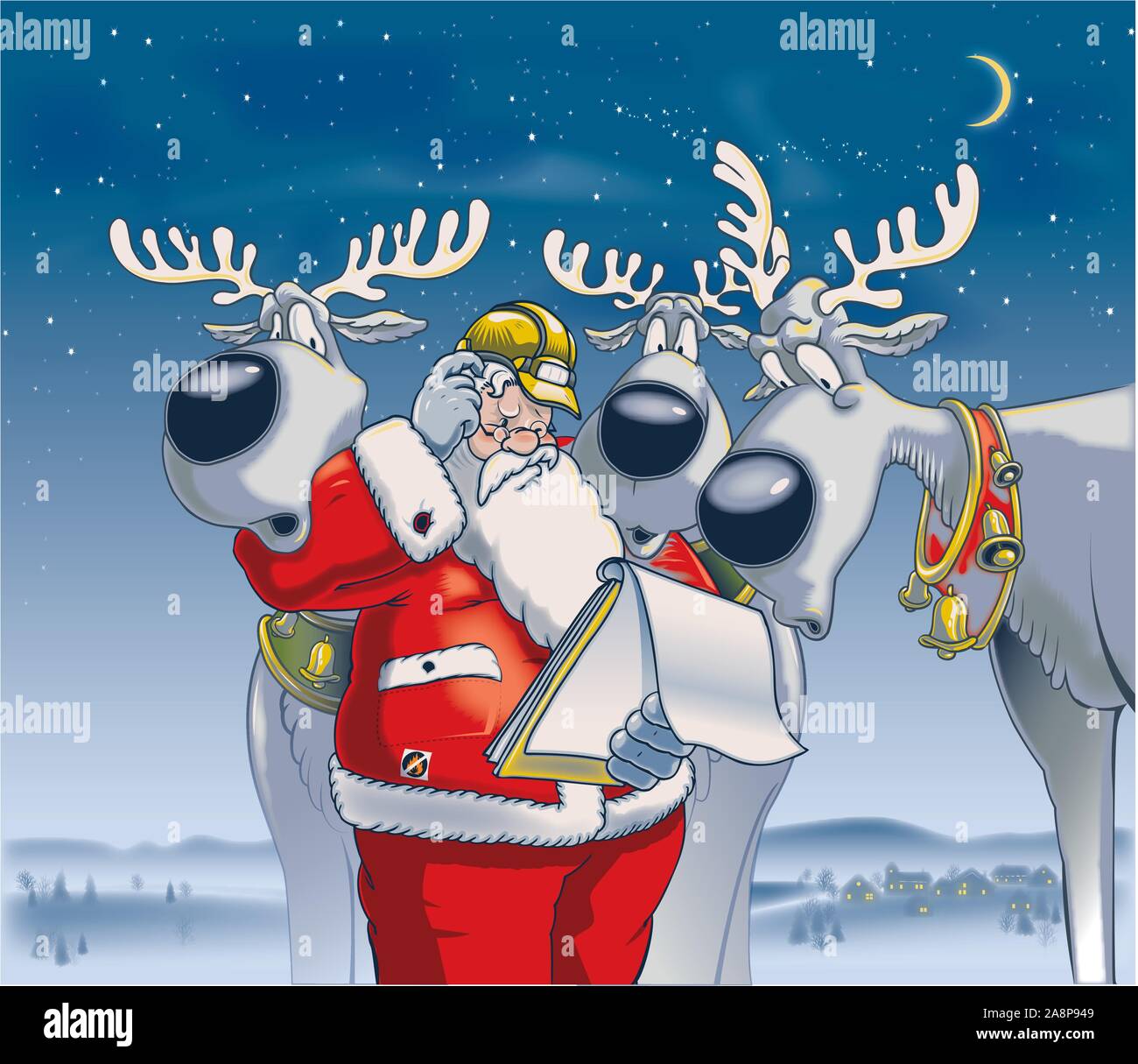 Illustration with a pensive Santa Claus reading a letter with three curious reindeer. In the background starry sky and snow-covered landscape Stock Vector