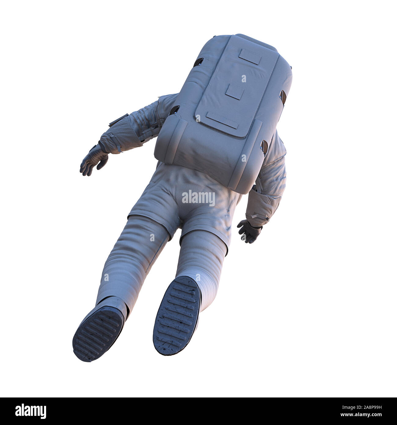 flying astronaut, back view, isolated on white background, back view Stock Photo
