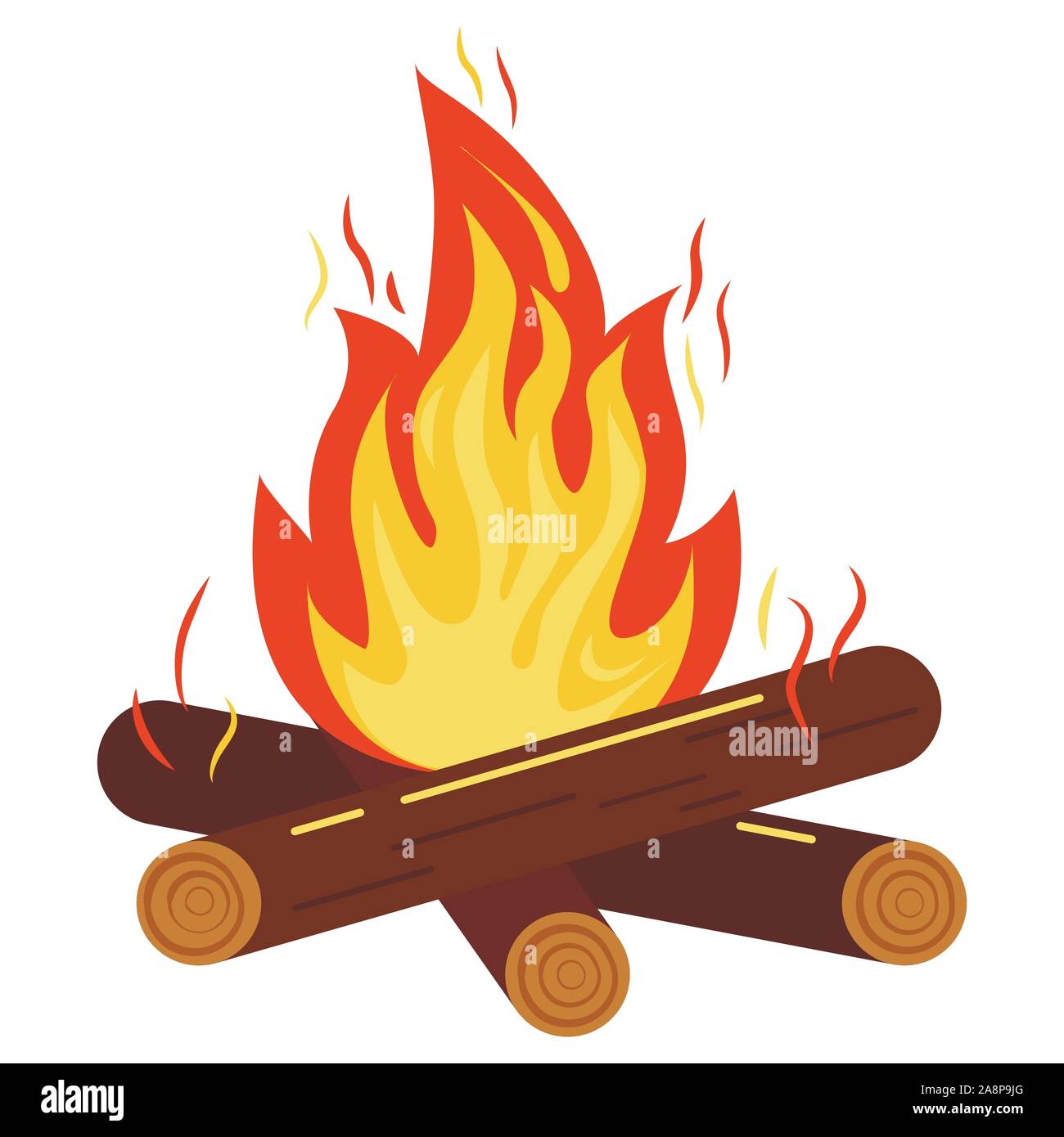 Campfire or bonfire icon vector illustration of burning bonfire with sparks, wood logs isolated on white background. Stock Vector