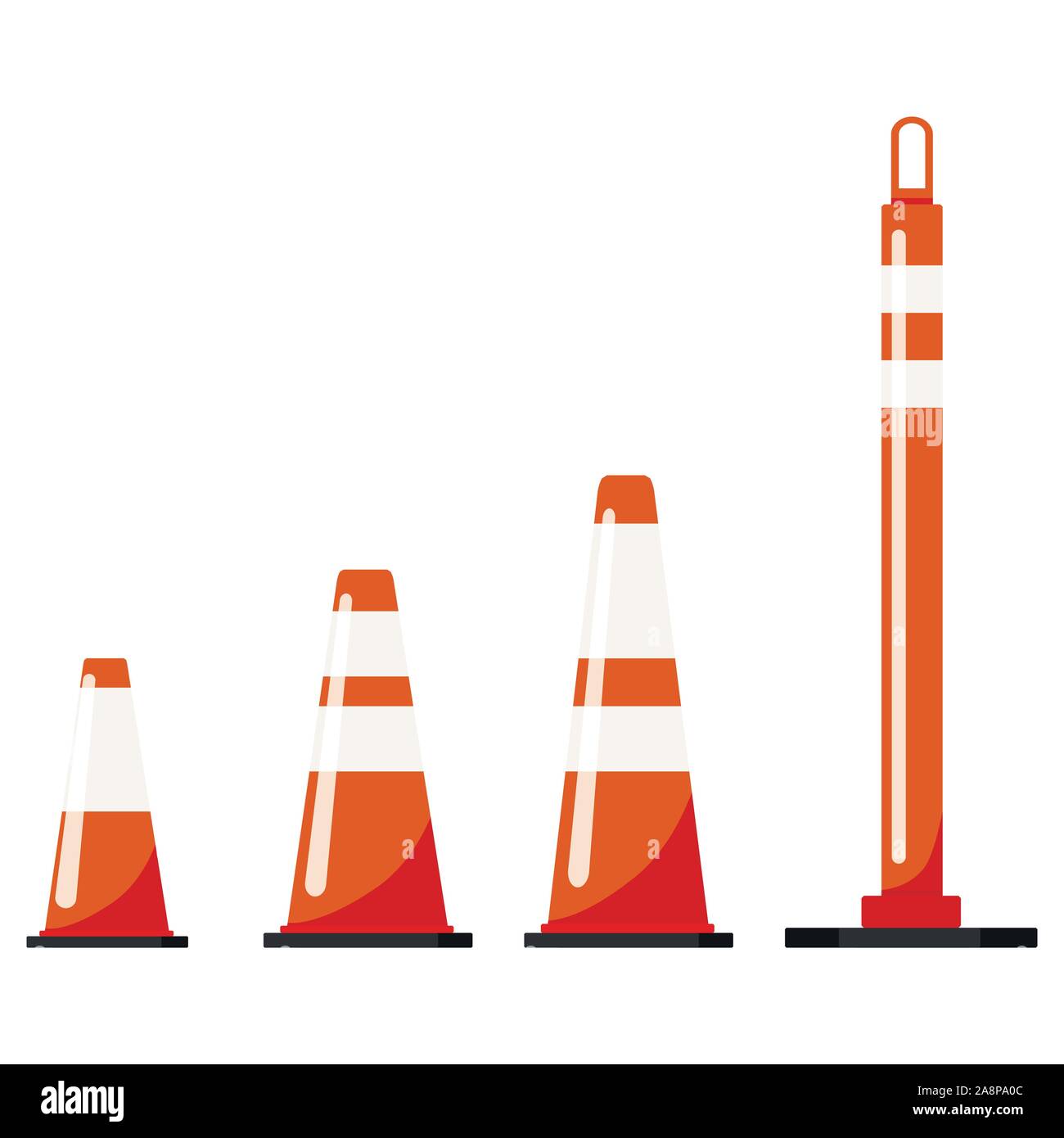 Orange color plastic road traffic cone set isolated on white background