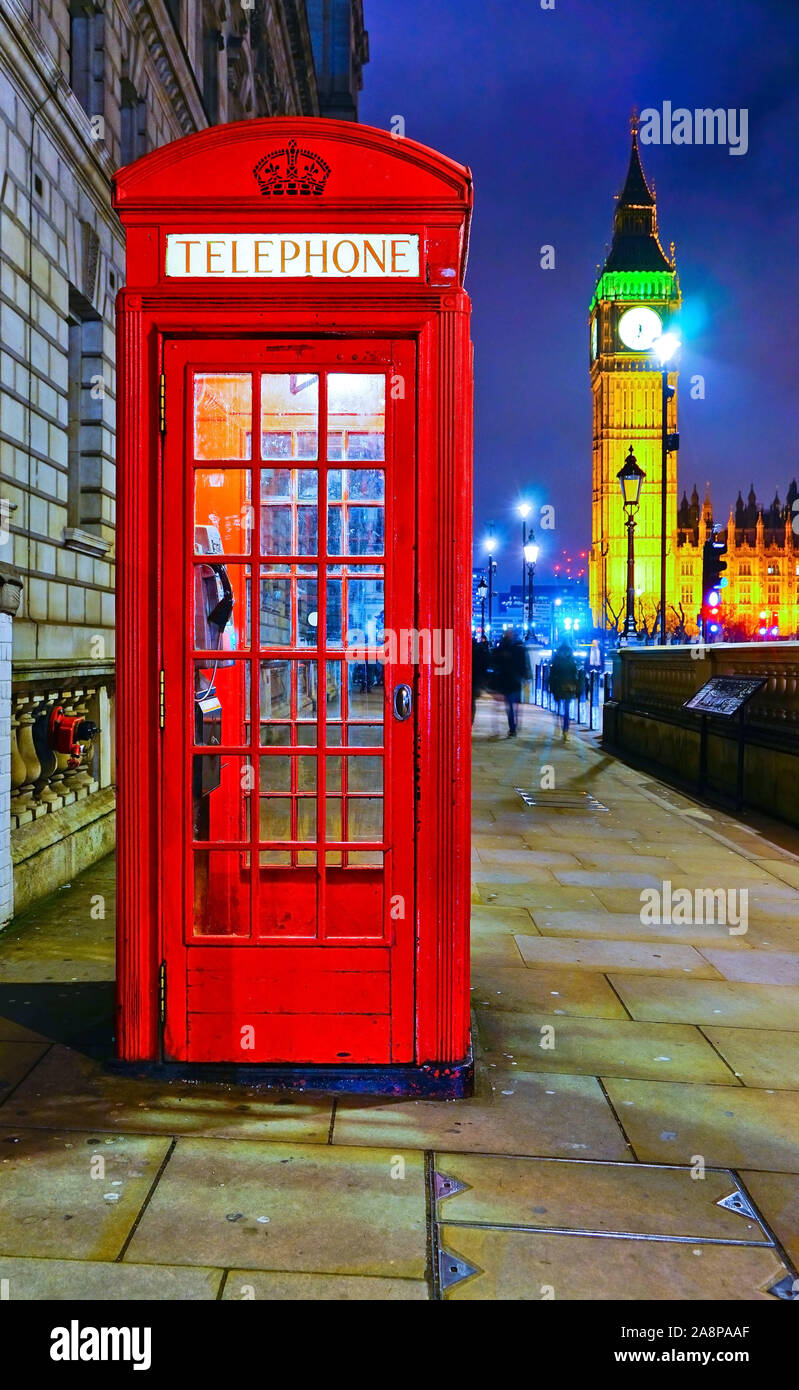 View of the Telephone Box and Houses of Parliament in London at night Stock  Photo - Alamy