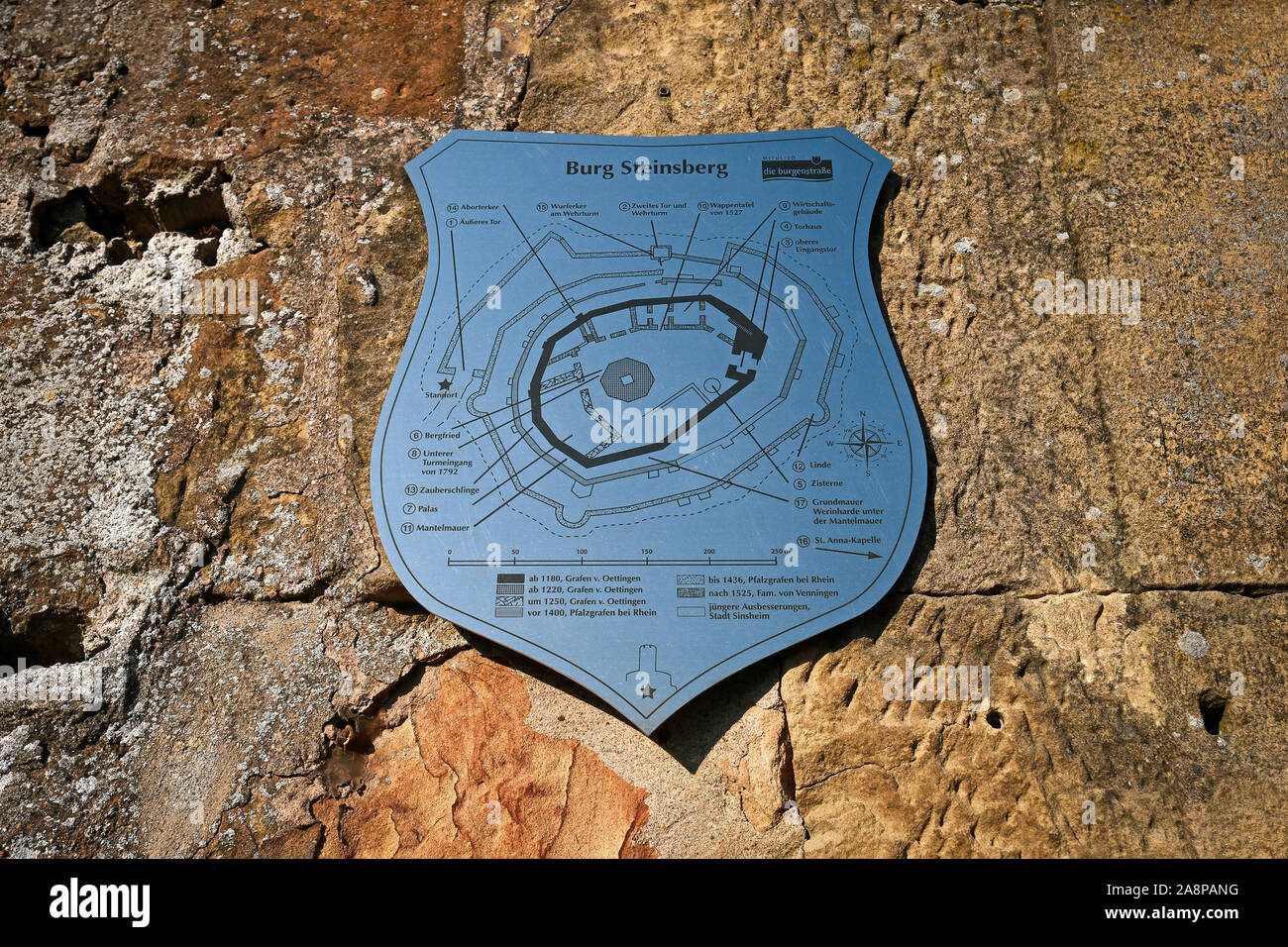 Sinsheim, Germany - November 2019: Metallic sign in shape of coat of arms showing layout of medivial German fortress called 'Burg Steinsberg' Stock Photo