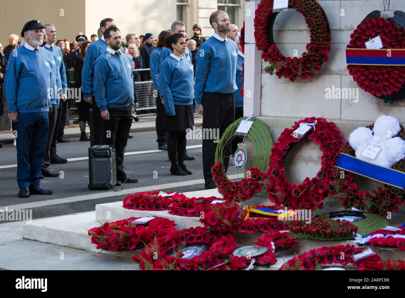 London, UK. 10 November, 2019. Ex-services personnel from Veterans For Peace UK (VFP UK) take part in the Remembrance Sunday ceremony at the Cenotaph. VFP UK was founded in 2011 and works to influence the foreign and defence policy of the UK for the larger purpose of world peace. Credit: Mark Kerrison/Alamy Live News Stock Photo